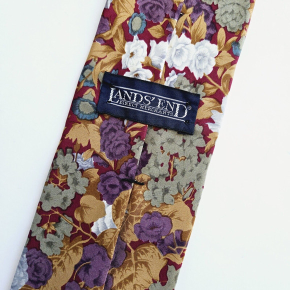 Vintage Lands End Silk Tie Floral Classic Preppy Office Cocktail Handsewn USA - Picture 4 of 10